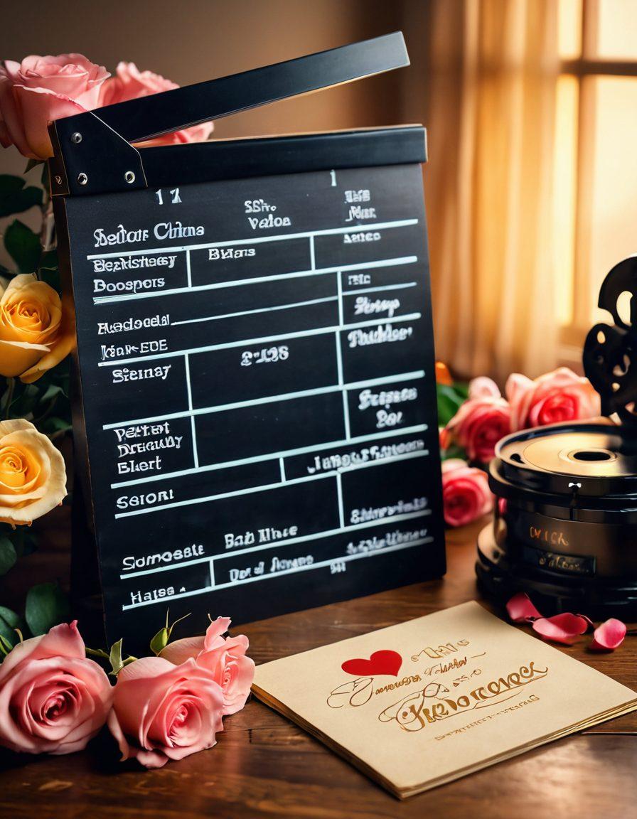 A romantic film set with a beautifully designed vintage script on a wooden table, flanked by heart-shaped props and blooming roses. In the background, a softly glowing film reel and clapperboard hint at cinema magic. A warm golden light bathes the scene to evoke love and nostalgia. super-realistic. vibrant colors. soft focus.