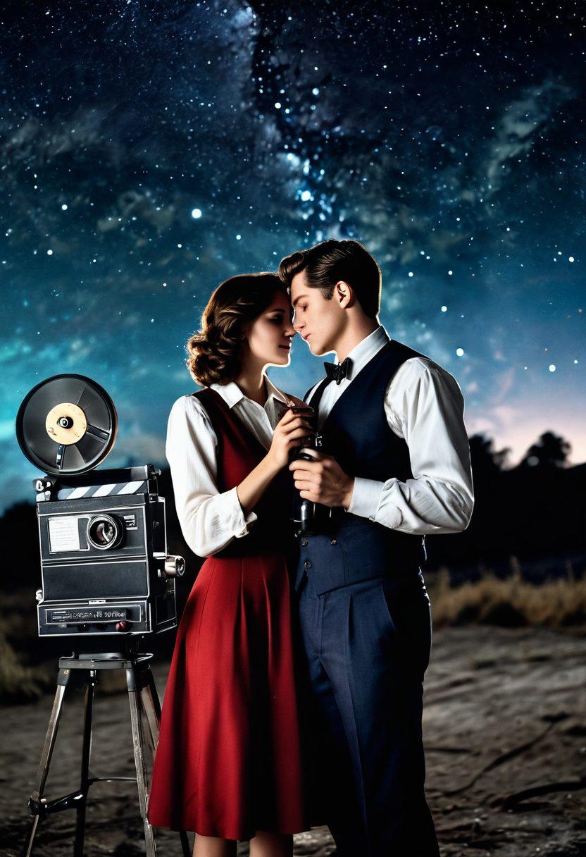 A cinematic scene featuring a couple in an intimate moment, surrounded by iconic film references like a vintage camera, a reel of film, and a heart-shaped clapperboard, all set against a backdrop of a starry sky. The couple should be depicted in a passionate embrace, with soft lighting that highlights their expressions. Incorporate elements of famous romantic films subtly in the background. vibrant colors. cinematic style.
