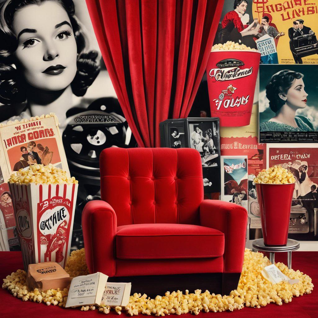 A captivating collage showcasing iconic scenes from classic love stories blended with modern box office hits, featuring a red velvet cinema seat with popcorn, a vintage film reel, and digital movie posters in the background. The atmosphere should evoke nostalgia and excitement, with soft romantic lighting and vivid colors representing different film eras. super-realistic. vibrant colors. cinematic.